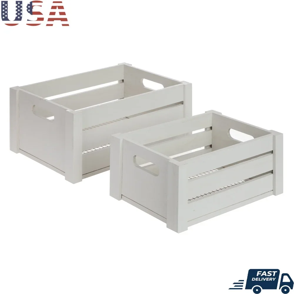 

Grey Wood Wire Storage Basket Set 2 Piece Decorative Crates with Cut-out Handles Home Organization and Small Item Storage