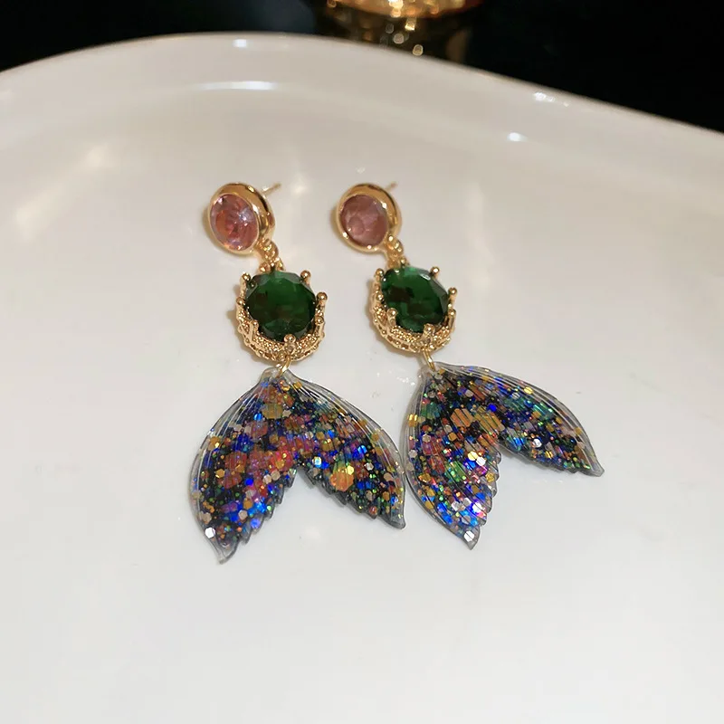 Colorful Fishtail Rhinestone Earrings for Women Fashion Style Drop Earrings Medieval Vintage High-grade Sense Jewelry Girl Party