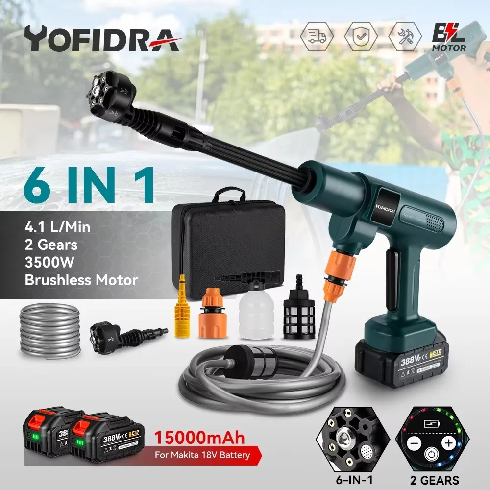 YOFIDRA 200Bar 3500W Brushless Electric High Pressure Washer 6-in-1 Car Washing Garden Water Gun for Makita 18VBattery Spray Gun