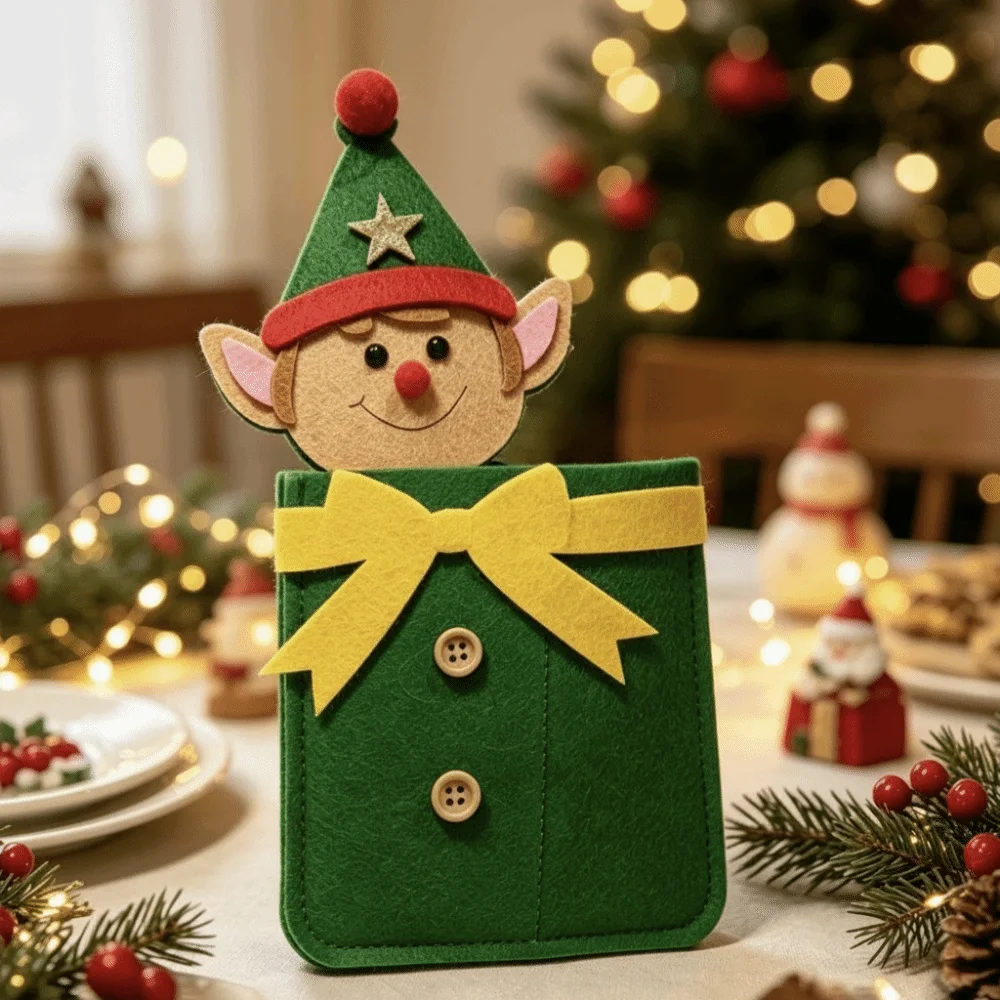 2pcs Felt Christmas Cutlery Holder Cute Thick Durable Xmas Tableware Bag Reusable Bright Colorful Dining Fork Pouch Kids Parents