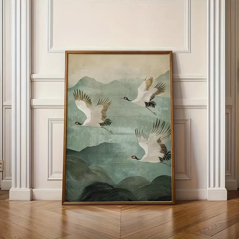 

1pcs White Crane Flying Mountain Canvas Poster Abstract Retro Japanese Wall Printing Modern Living Room Bedroom Home Decor Gift