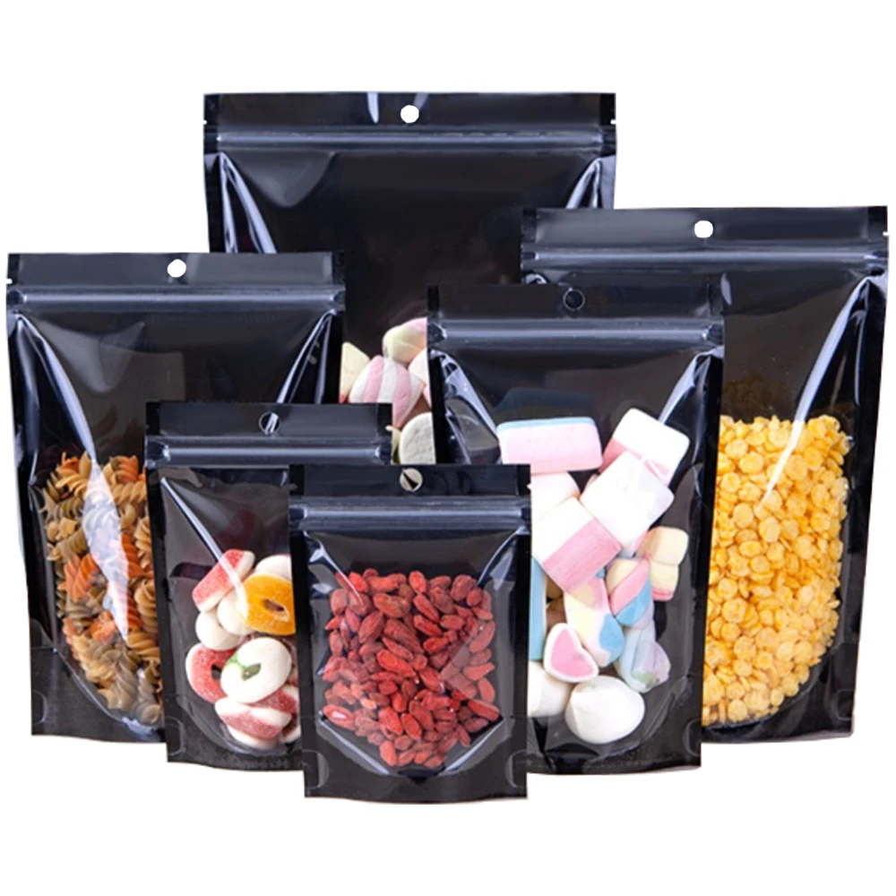 100Pcs/Lot Zip Lock Clear Black Aluminum Foil Stand Up Bag with Hang Hole Tear Notch Doypack Food Candy Tea Snack Pack Pouches