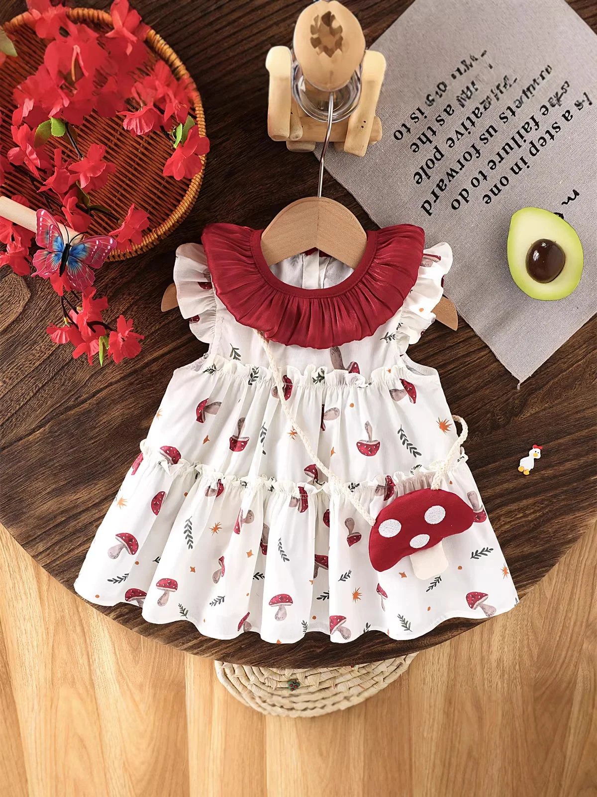 

1-4Y Summer Princess Style Kids Dress Cute Mushroom Print Ruffle Sleeveless Dress for Girls Soft Cotton Casual Outfit