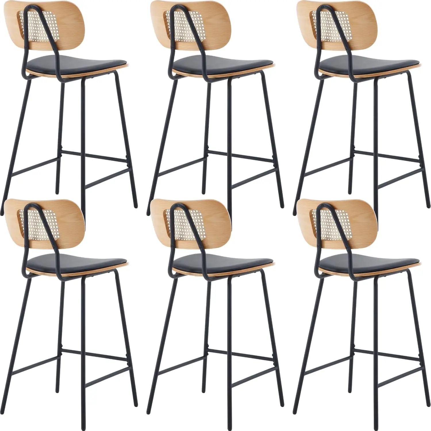 Mid-Century Bar Stools 6pc, 26 Inch PU Leather Rattan Backrest Metal Legs Armless Kitchen Island Dining Room Black, Customized