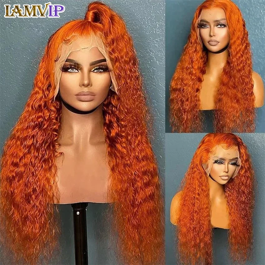 Perruque Lace Front Wig sans colle naturelle bouclée, cheveux humains, Deep Wave, HD, 13x4, 13x6, orange, vidéo, en vente