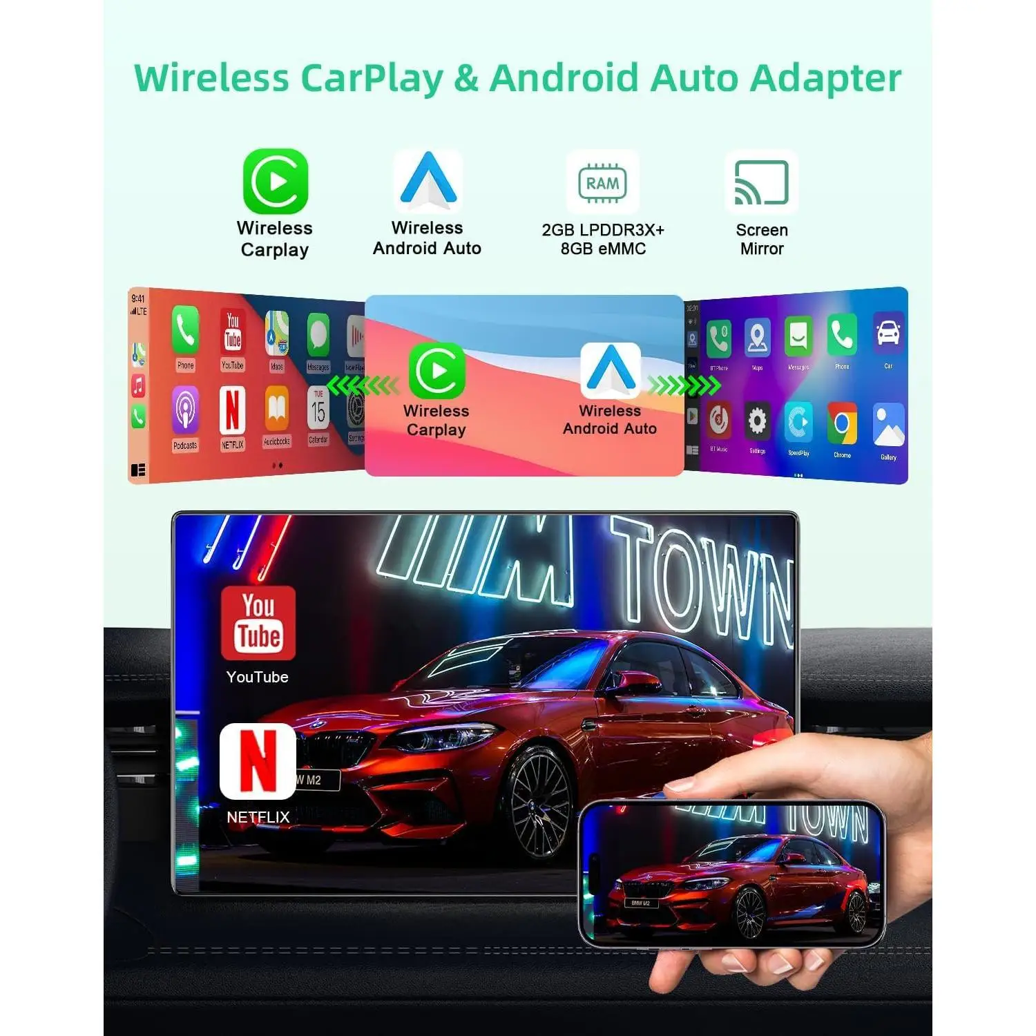 5-in-1 Wireless Android Auto & Carplay Adapter, Wireless CarPlay Adapter Support Netflix/YouTube/TF, USB-A/USB-C Cables, Convert Wired to Wireles Apple Dongle, Magic Video Box Car Play iPhone