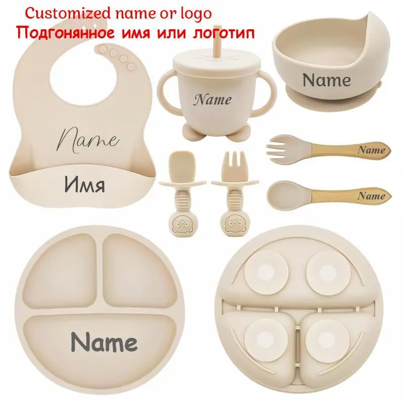 8PCS/Personalized Silicone Baby Feeding Set, Custom Name Bib Plate Bowl Cup Spoon Fork Weaning Tableware Gift