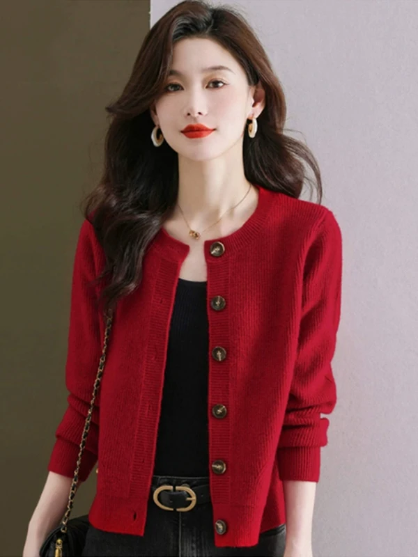 春秋ウールニットオープンカーディガンまたはアウターウェア女性用ファション通勤スリムフィットロングスリーブシングルボタンポリエステル...