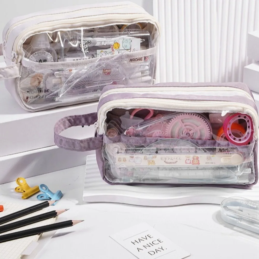 เรียบง่ายโปร่งใสปากกากระเป๋าขนาดใหญ่ความจุกันน้ําดินสอสีทึบ PU กระเป๋าเครื่องเขียนโรงเรียนอุปกรณ์โรงเรียน