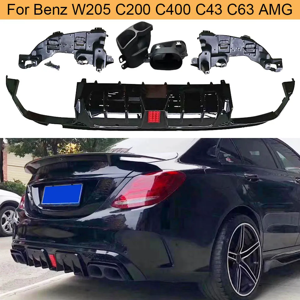 Car Rear Bumper Diffuser Lip Spoiler for Mercedes Benz C-Class W205 C200 C300 C400 C43 C63 AMG 14-19 Diffuser with Exhaust Tips