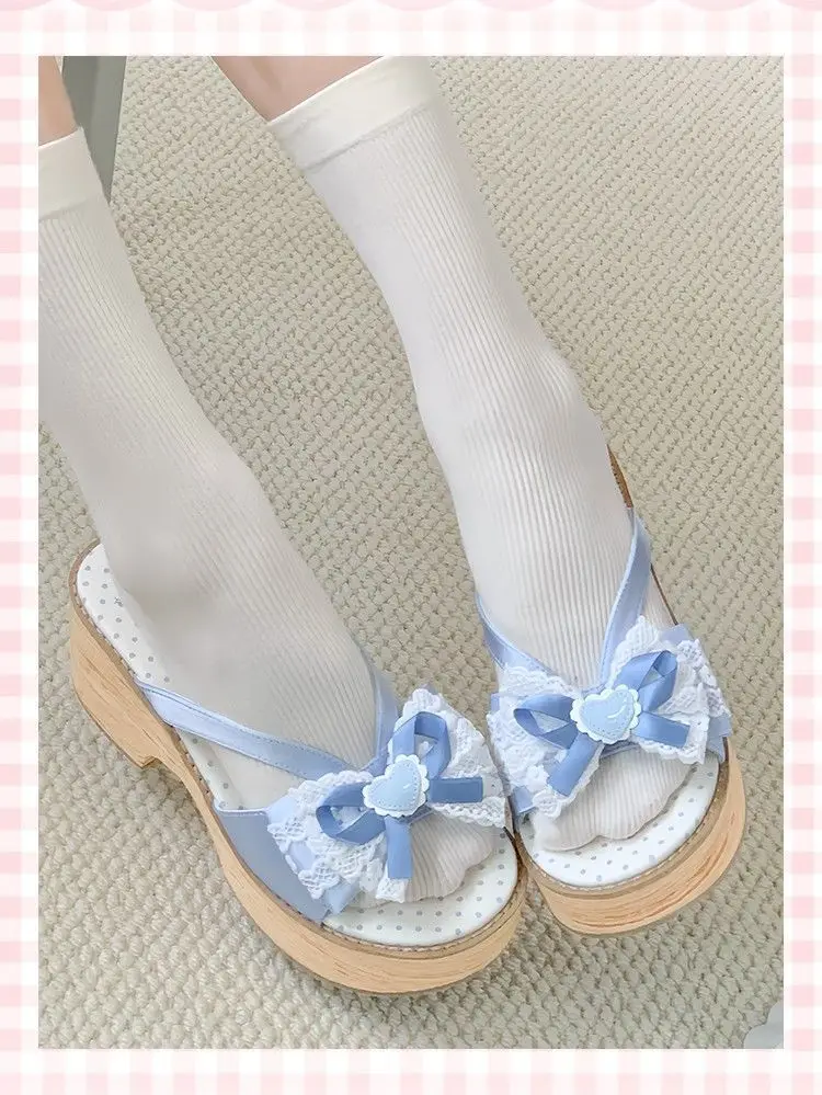 Sweet Bow Wood Grain Thick Bottom Platform Slippers Women Summer Japanese Cos Comfortable High Heeled Sandals