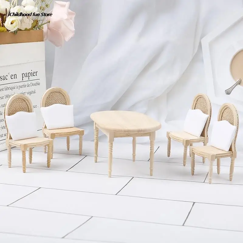 Juego de mesa de comedor de madera en miniatura para casa de muñecas, muebles de cocina, juguete, 1:12, 5 piezas por juego