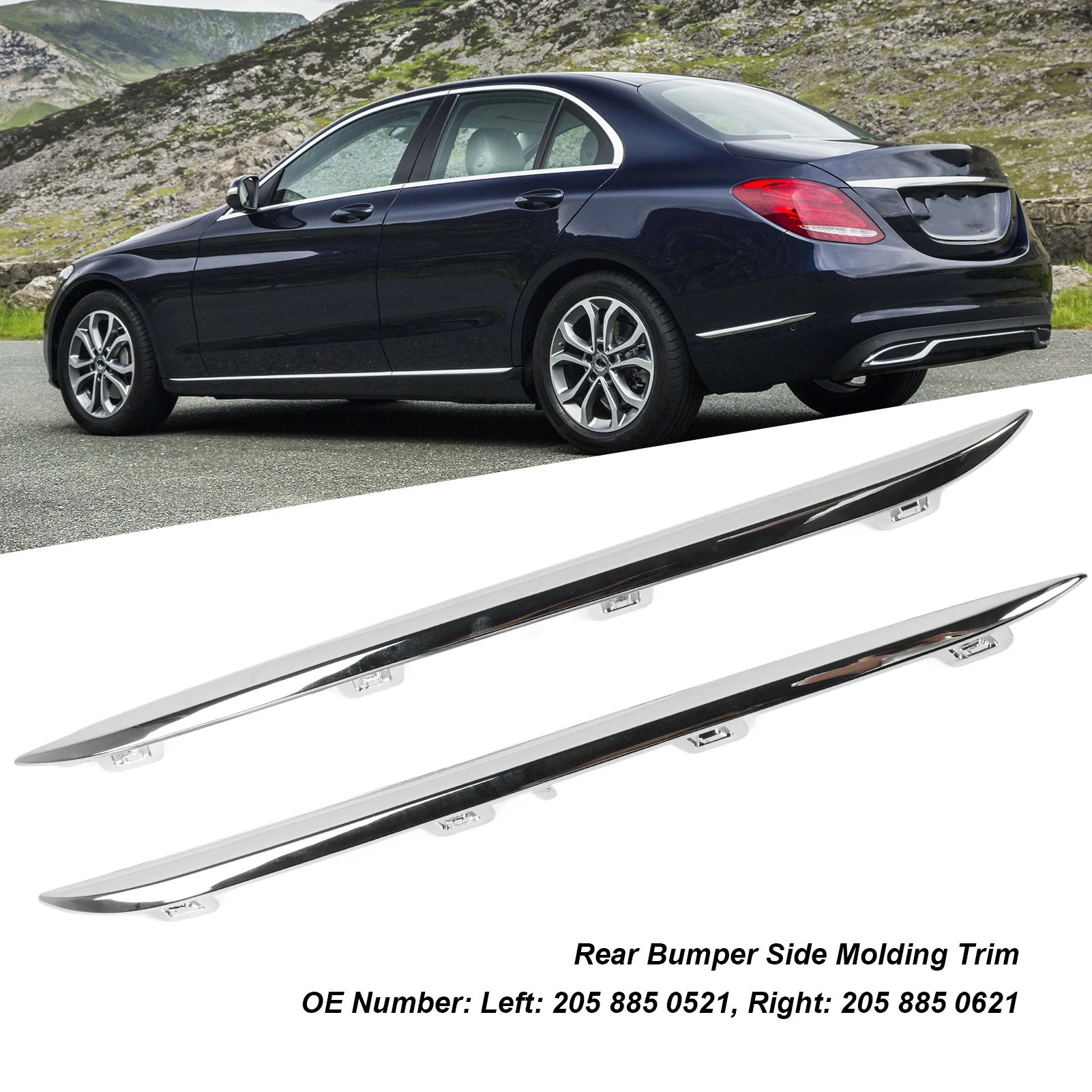 Rear Bumper Chrome Side Molding Trim Replacement for Benz C‑Class W205 Standard Pre‑Facelift 2015 to 2018 205 885 0521