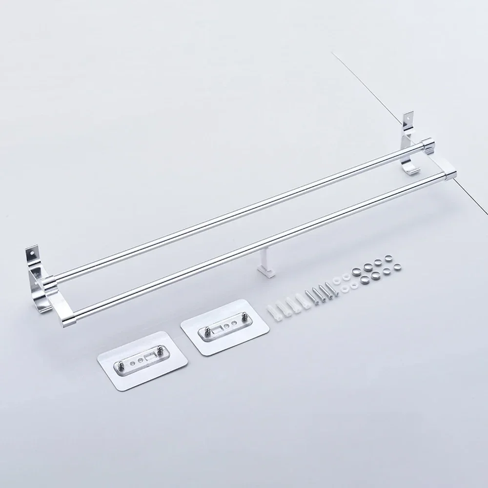 Towel Hanger Bars 40-60CM 2 Pole Punch-Free Shower Clothes Hanging  Wall Rack Silver Aluminum Holder Hook Bathroom Accessories