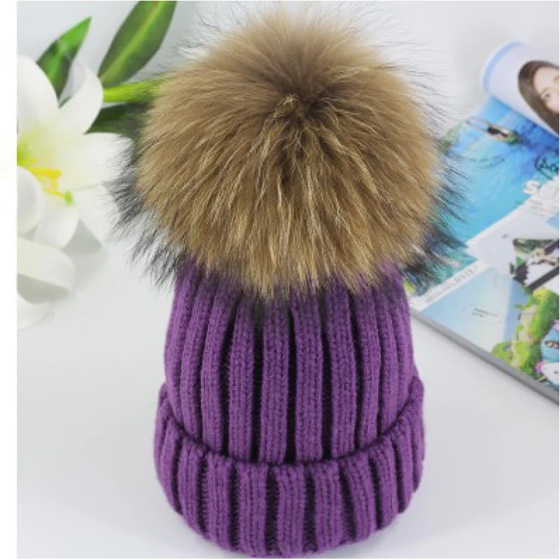 Autumn and Winter New Knitted Hat Women\'s Korean Raccoon Fox Big Fur Ball Woolen Cap Parent-Child Sleeve Cap Wholesale