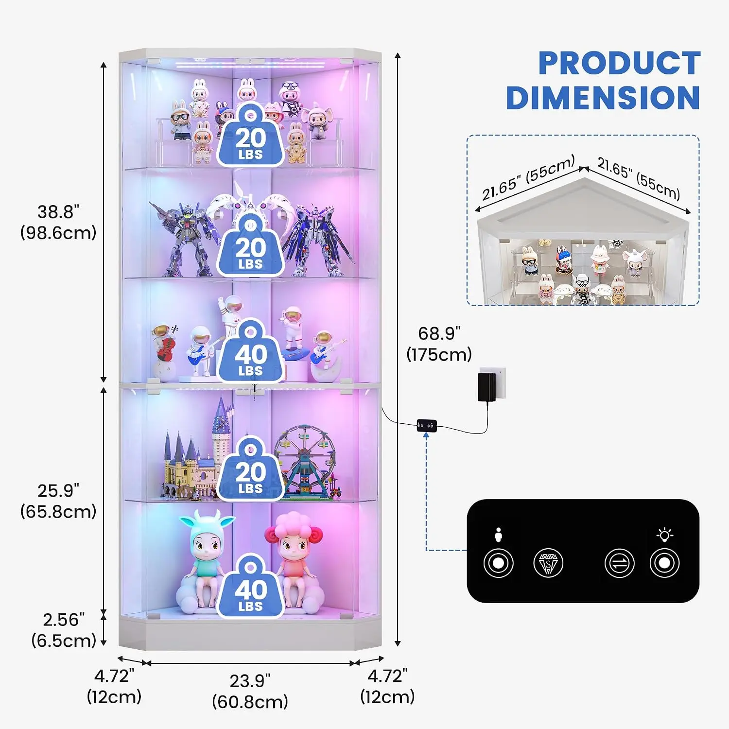 5-Tiers Corner Display Cabinet with RGB Lights for Collectibles, White | 69