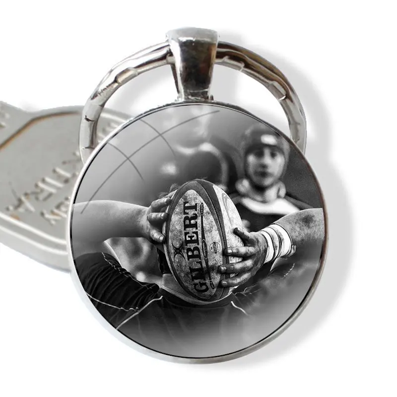 Rugby Ball Sport Keychain Handmade Glass Cabochon Key Ring Holder Pendant Key Chains