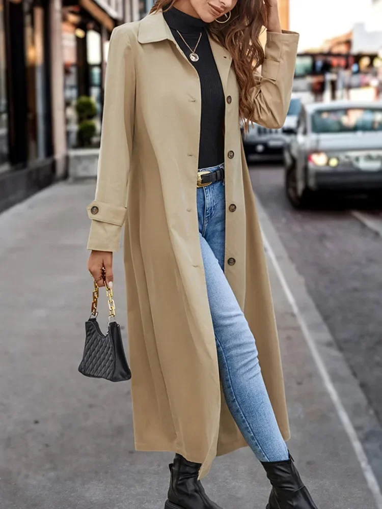 Tinaa 2024 Autumn and Winter Fashion Women's Trench Coat Buttoned Split-Joint Long Sleeves Loose Lapel Trench Coats Outerwear