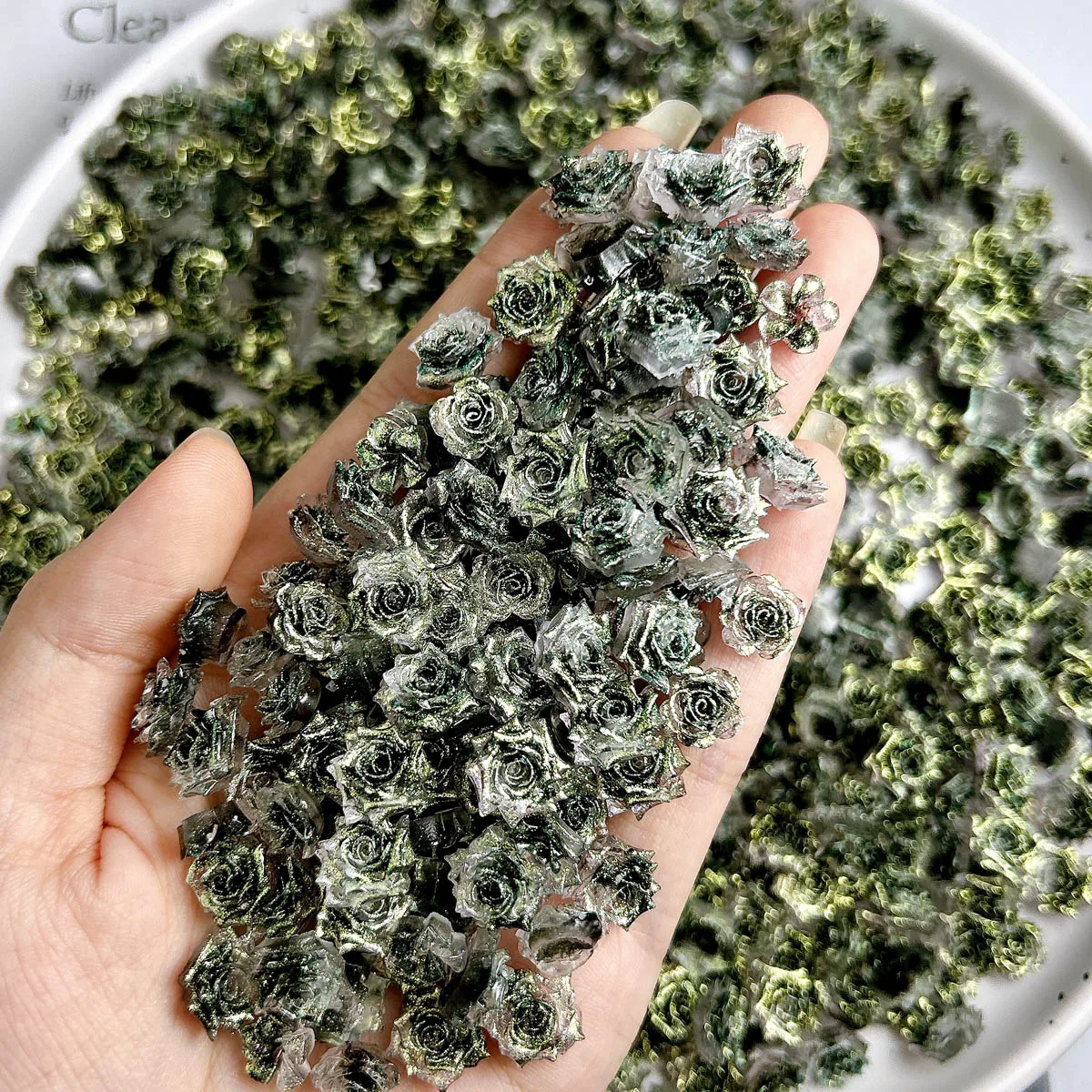 

Dreamy Fine Sparkling Rose Camellia Nail Charms 3D Luminous Ink Green Dyeing Flowers Resin Nail Art Decorations for DIY Manicure