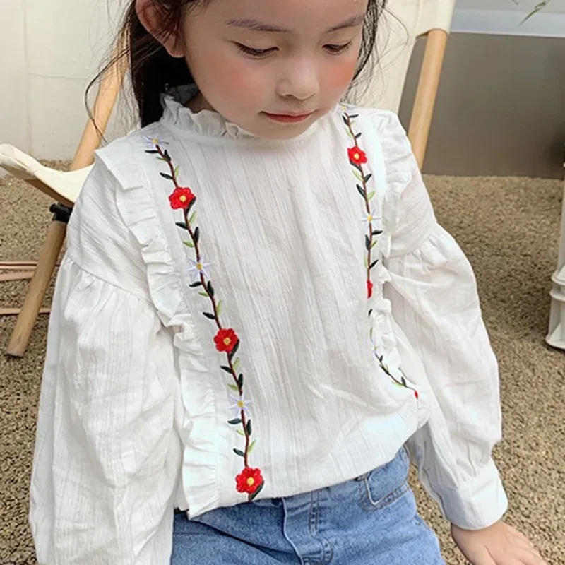 Spring Autumn Girls Children Lapel Blouse With Flared Sleeves Shirt Long-Sleeved Cotton Lace Child Girl Tops Blouse Kids Clothes