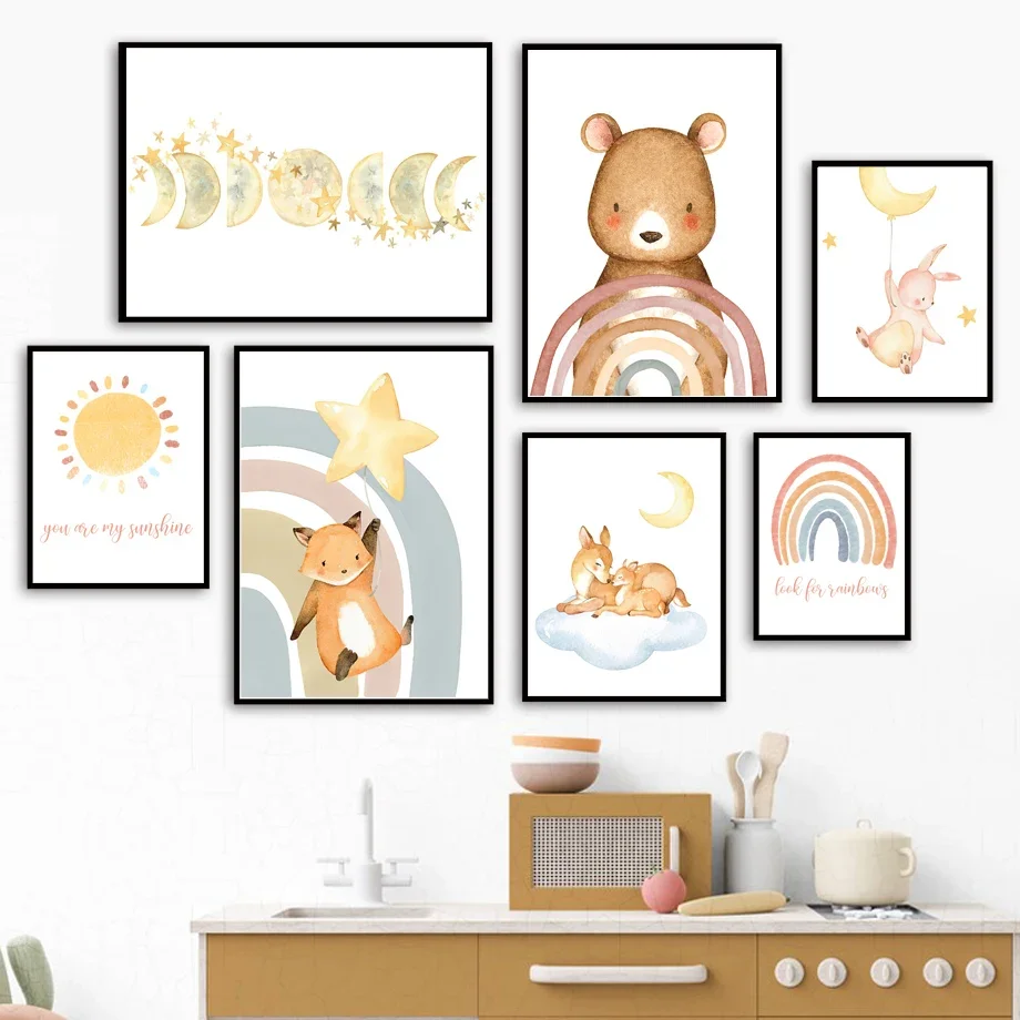 

Nordic Poster Boho Rainbow Sun Fox Bear Deer Elephant Bunny Wall Art Print Canvas Painting Nursery Pictures Baby Kids Room Decor