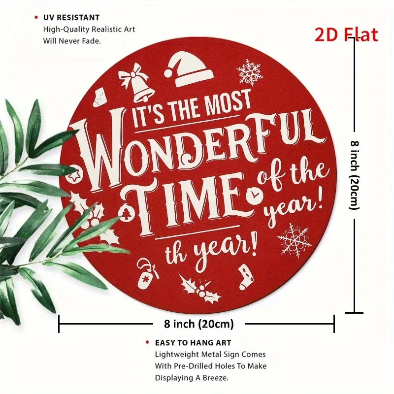 لوحة فنية جدارية معدنية مسطحة، احتفالية "إنه أروع وقتًا لهذا العام" - علامة حديدية مستديرة مقاس 19.81 سم مع رقاقات الثلج والزنجبيل #2