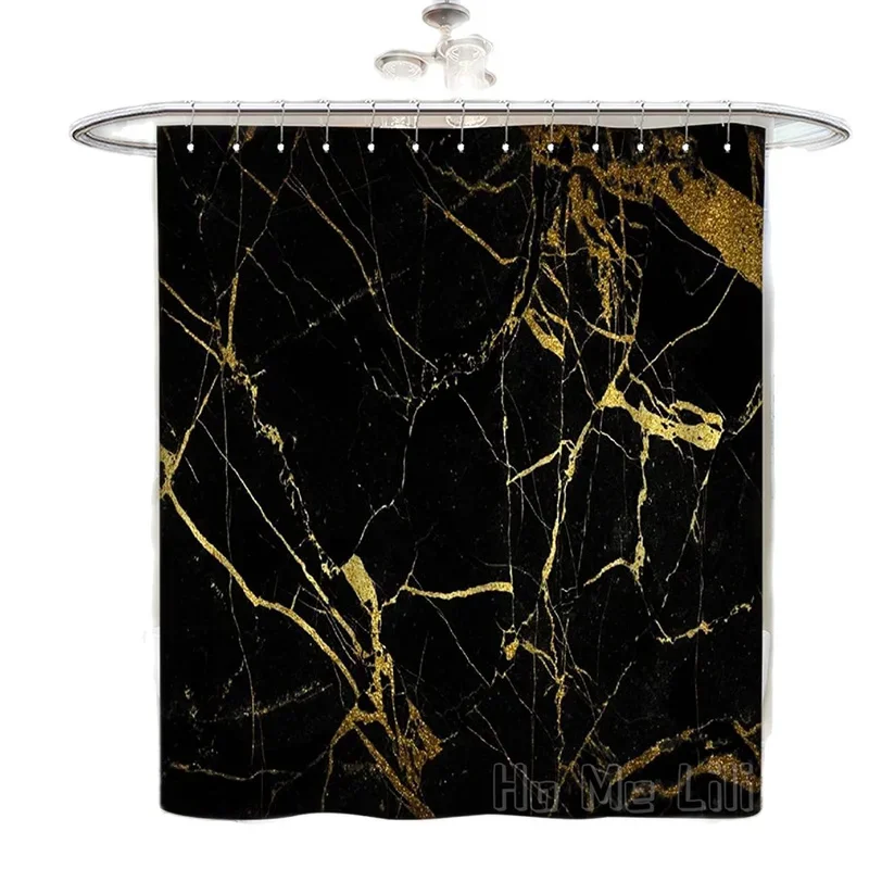 Black Gold Marble Crack Ink Texture Luxury Abstract Decorative Fabric Shower Curtain Art