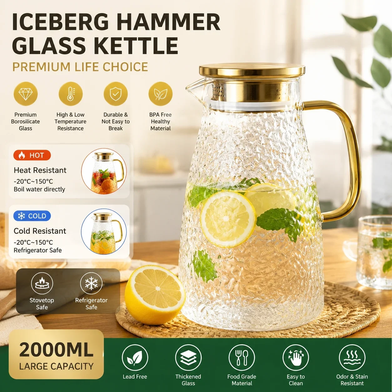 Glass Pitcher High Borosilicate Heat Resistant Tea Pot Cold Brew Jug Fruit Infuser Kettle Home Office Healthy Drinkware