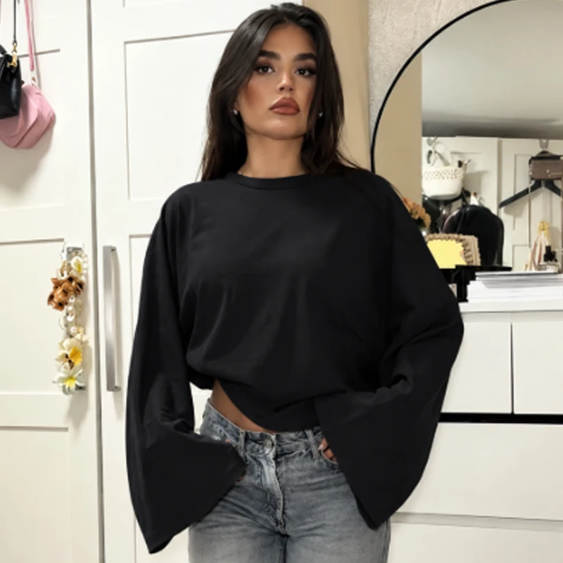 HXAO Cropped Oversized T-Shirt Damen Langarm-Oberteil Herbst 2026 Elegantes Weißes Schwarzes Braunes Oberteil O-Ausschnitt Glockenärmel Basic-Shirt – Detail 7