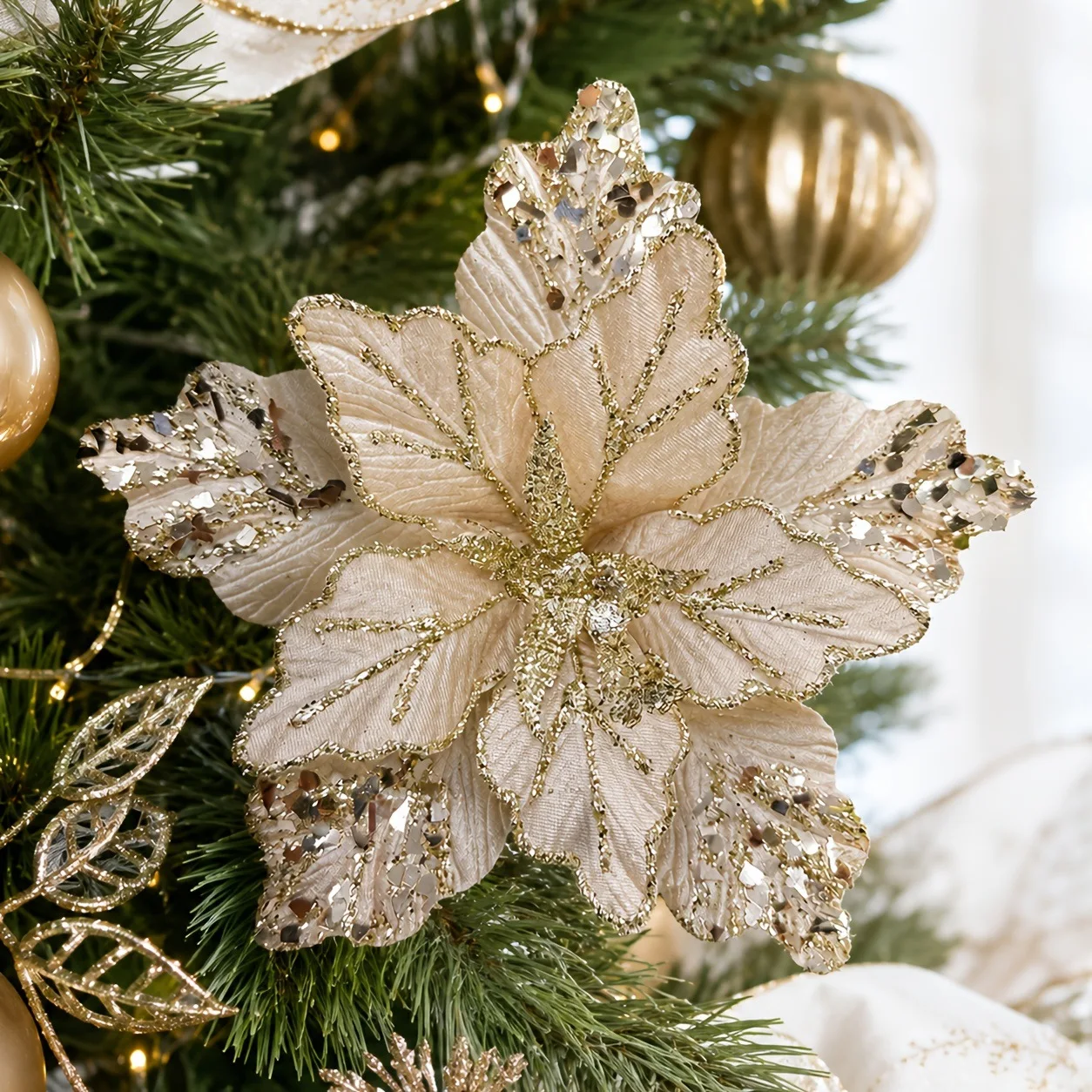 Christmas Flower Ornament Glitter Hanging Christmas Ornament Christmas Tree Ornament Lightweight For Holiday Floral Arrangement