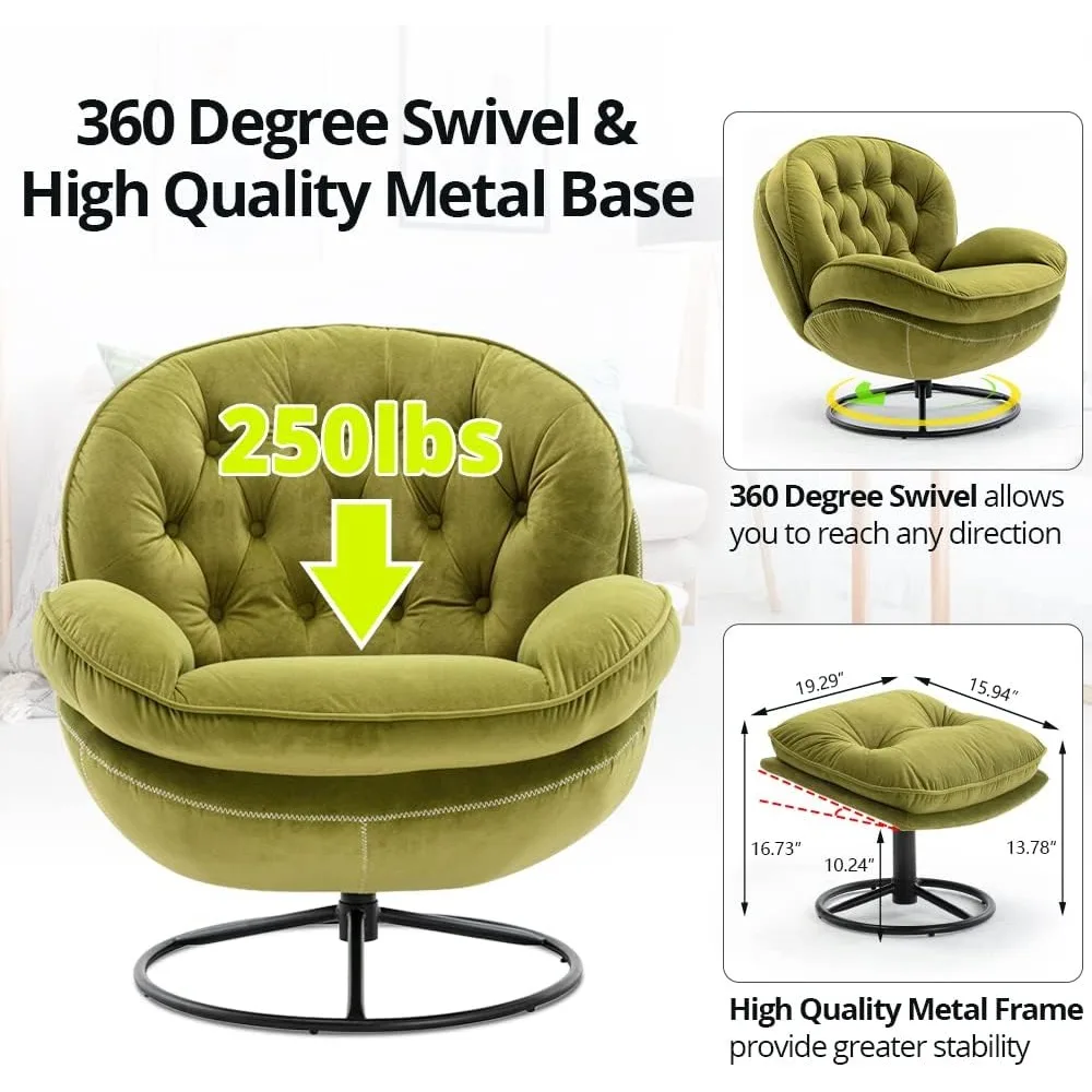 Luksusowy zestaw obrotowego fotela i pufy z aksamitu, nowoczesny fotel wypoczynkowy z metalową ramą i podnóżkiem, przytulna pojedyncza sofa wypoczynkowa.