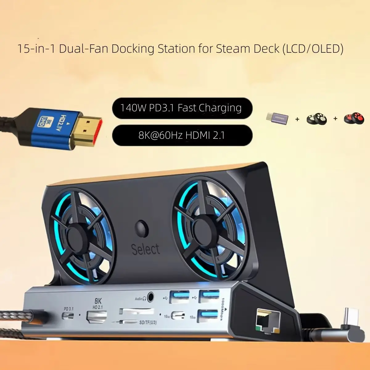 15-in-1 Dual-Fan Docking Station for Steam Deck (LCD/OLED), 4K144 Dock,140W PD3.1 fast Charging,Type-C Cable for Steam Deck OLED