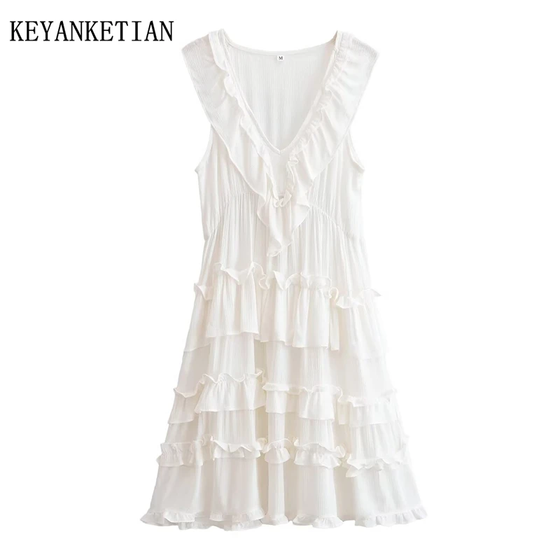 KEYANKETIAN 2025 Summer New Tiered Ruffles Decoration Mini Dresses Fashion Sexy Women's Low-cut V-Neck Sleeveless Viscose Dress