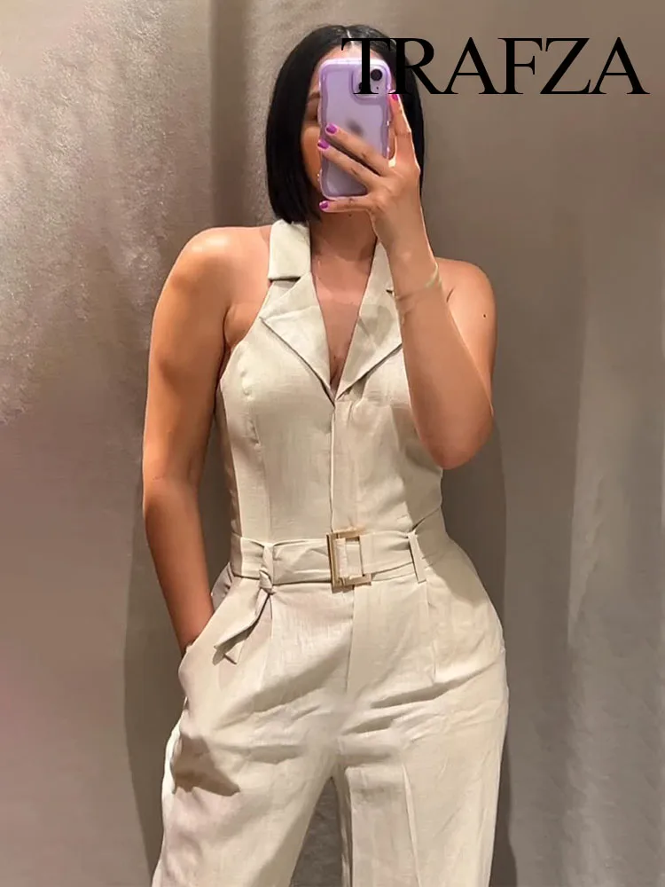 

TRAFZA Woman Fashion Jumpsuits Solid Turn-Down Collar Sleeveless Backless Belt Decoration Single-Breasted Female Summer Jumpsuit