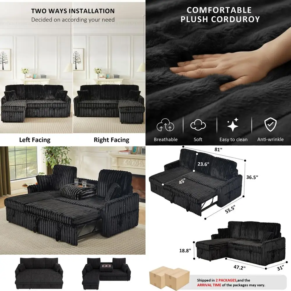 

Угловой диван-кровать 81 L-образной формы с выдвижным спальным местом, трансформируемым шезлонгом, местом для хранения, зарядной станцией, подстаканниками, из вельветовой ткани (черный)