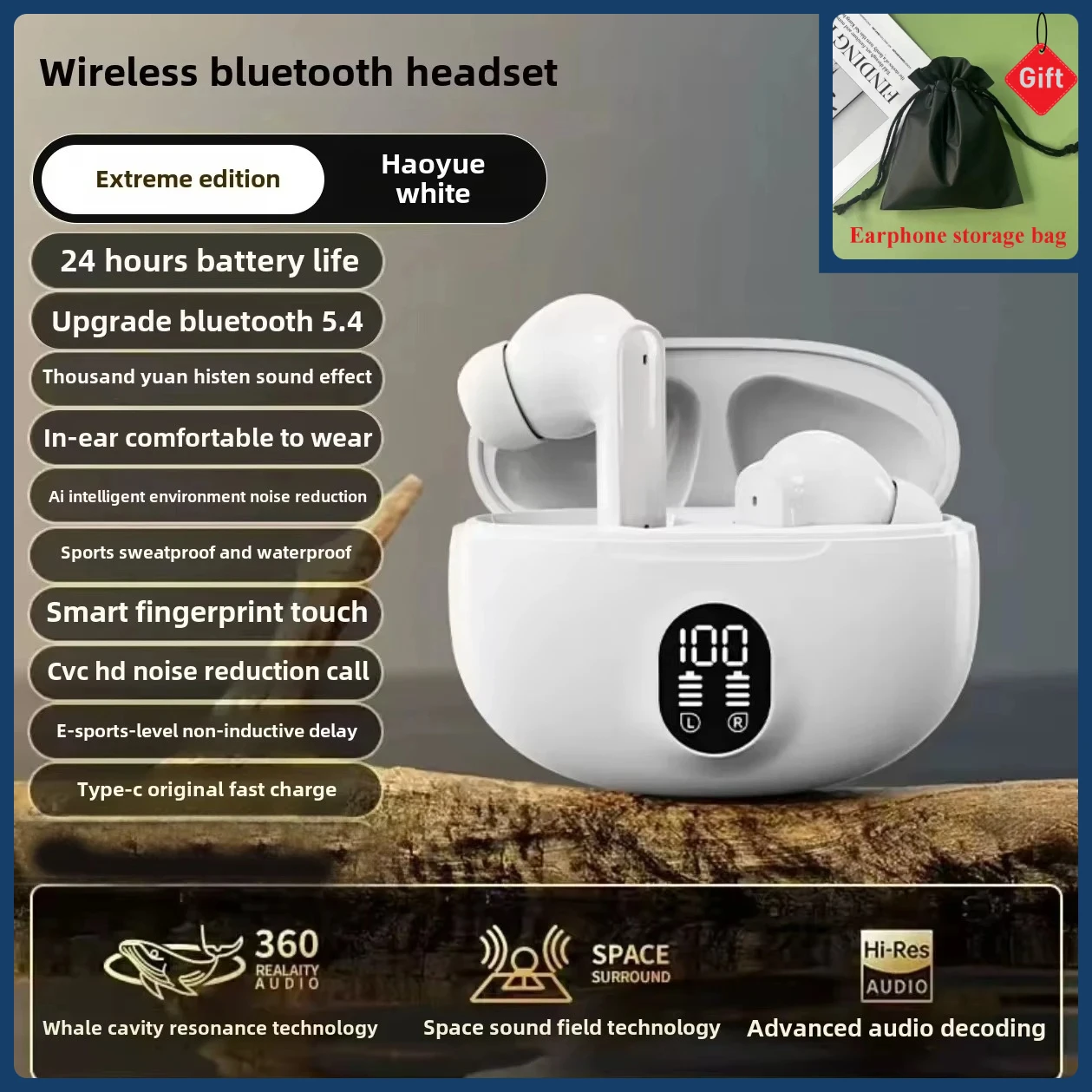 

Wireless Bluetooth 5.3 ENC Earphones LED Power Display TWS with Microphone Sports Office Noise Reduction Gamer Business Earphone