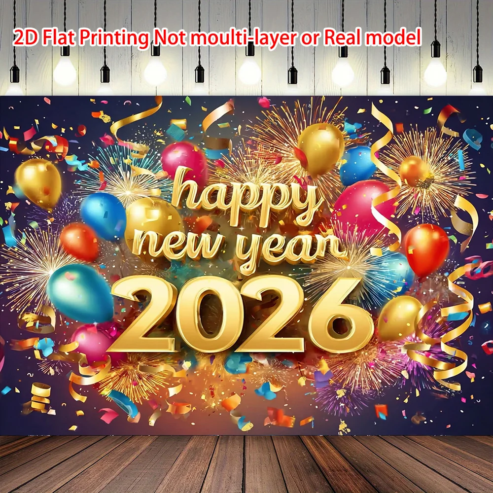

Happy New Year 2026 Wall Tapestry, Golden Numbers & Balloons Art, Festive Party Decor for Home & Celebration