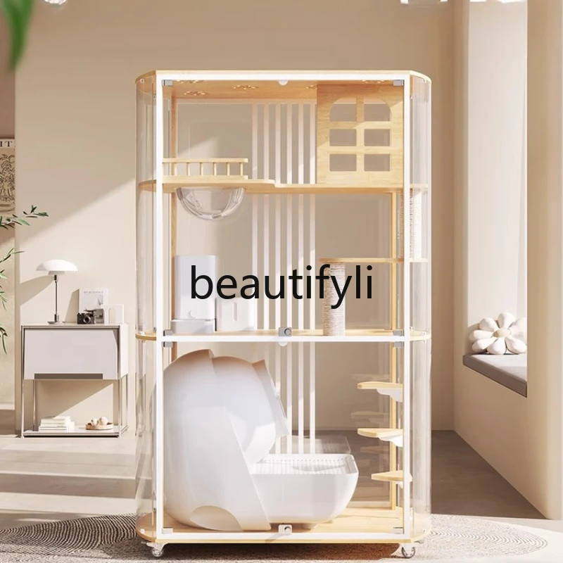 

Cat Villa Panoramic Glass Cat Cabinet Curved Full Transparent Automatic Sandbox Luxury Cat House