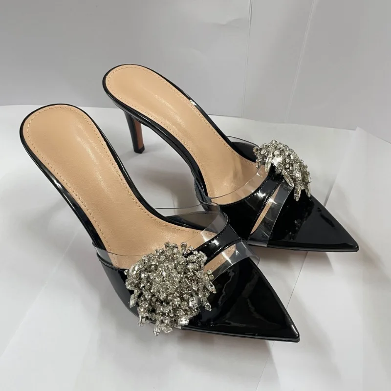 Women Pumps 2026 Summer Rhinestone Crystal High Heel Sandals Pointed Toe PVC Transparent 7/8.5CM Thin Heel Fashion Women's Shoes