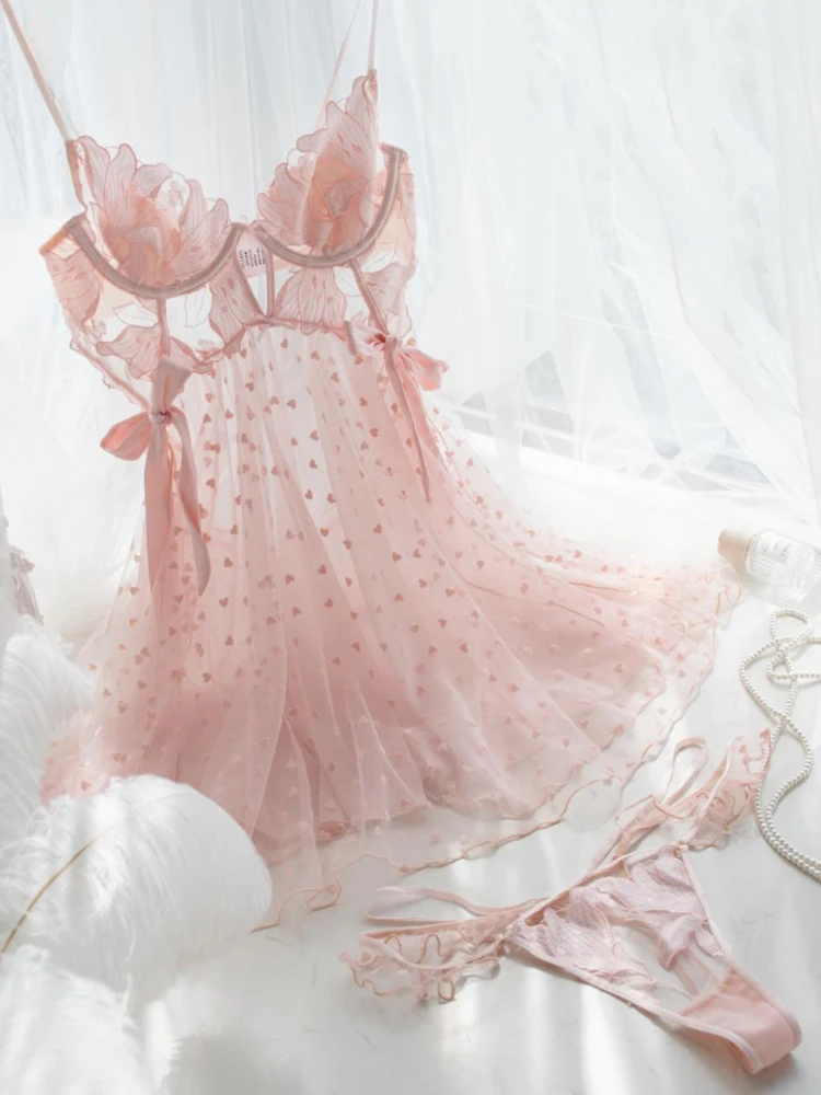 Pink Mesh Floral Embroidery Nightdress Women's Home Clothes Sexy Lingerie Nightgowns with Panty Pajamas Sets Nighty for Ladies