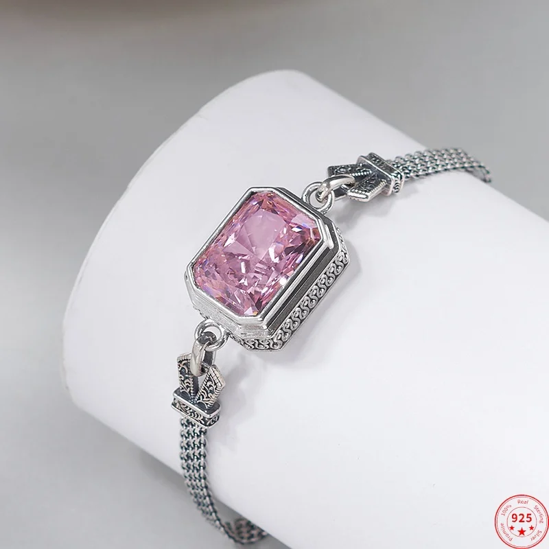 

S925 Sterling Silver Bracelets for Women New Fashion Tangent Plane Square Pink Zircon Weaven-chain Jewelry Free Shipping