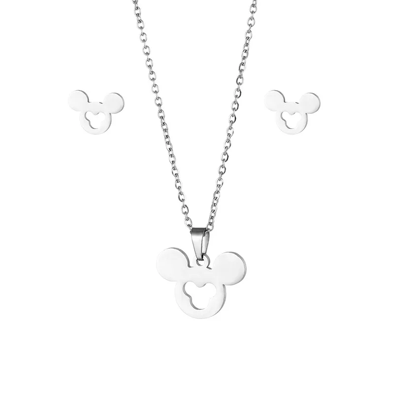 Disney Stainless Steel Mickey Mouse Pendant Necklaces Stud Earrings Jewelry Set for Women Girls Daily Accessories Jewelry Gifts