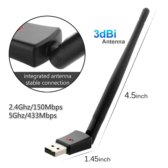 802.11B/G/N/AC Dual Band 600Mbps RTL8811CU Draadloze USB WiFi Adapter dongle met 2.4G & 5.8G Externe Wifi Antenne voor Computer