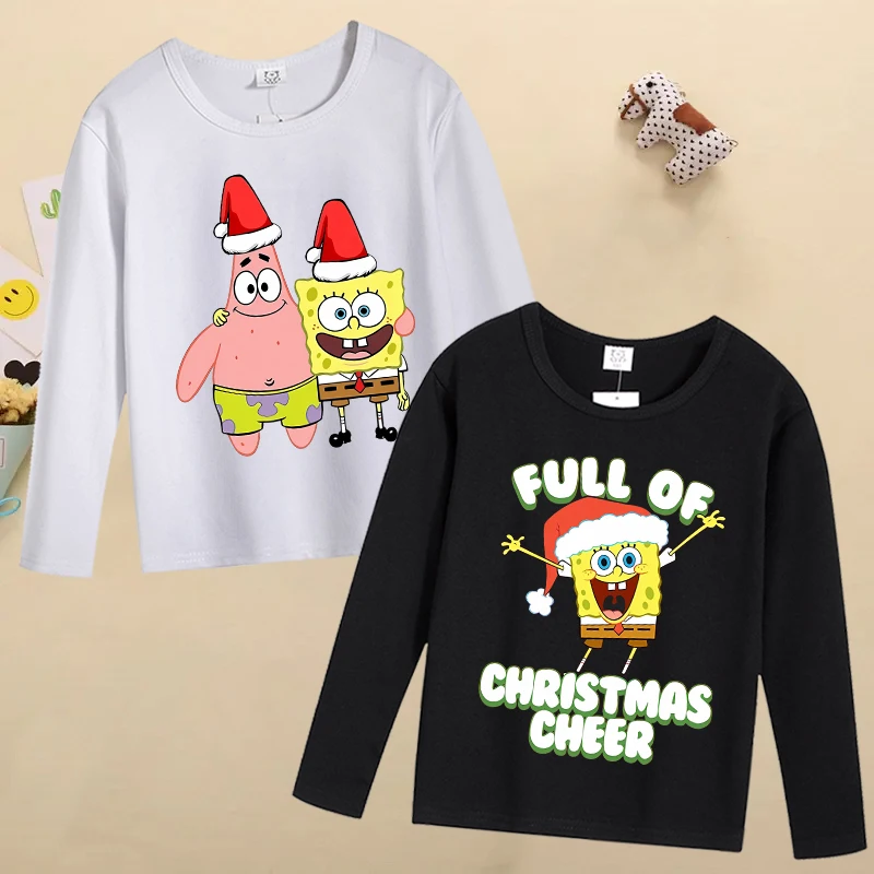 New Spongebob Christmas Children Tops Cute Cartoon Figure Printed T-shirt Kids Cotton Long-sleeved Top Autumn Children Clothing