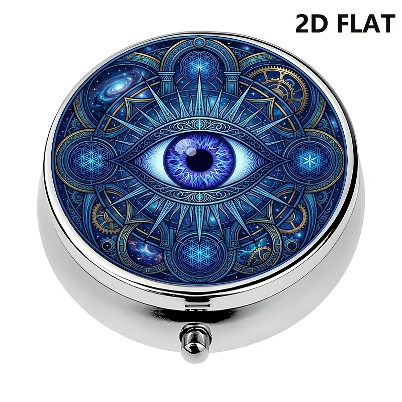Single-piece, flat, round box, travel portable case with a mysterious eye mandala pattern, daily storage box, perfect for travel and everyday use. Suitable for outdoor trips and office medication reminders, can be carried in a handbag