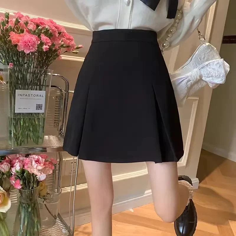 Petite A- line Ruffles Skirt Women's Spring 2024 New Preppy Style Anti-exposure High-waisted Black Short Skirt