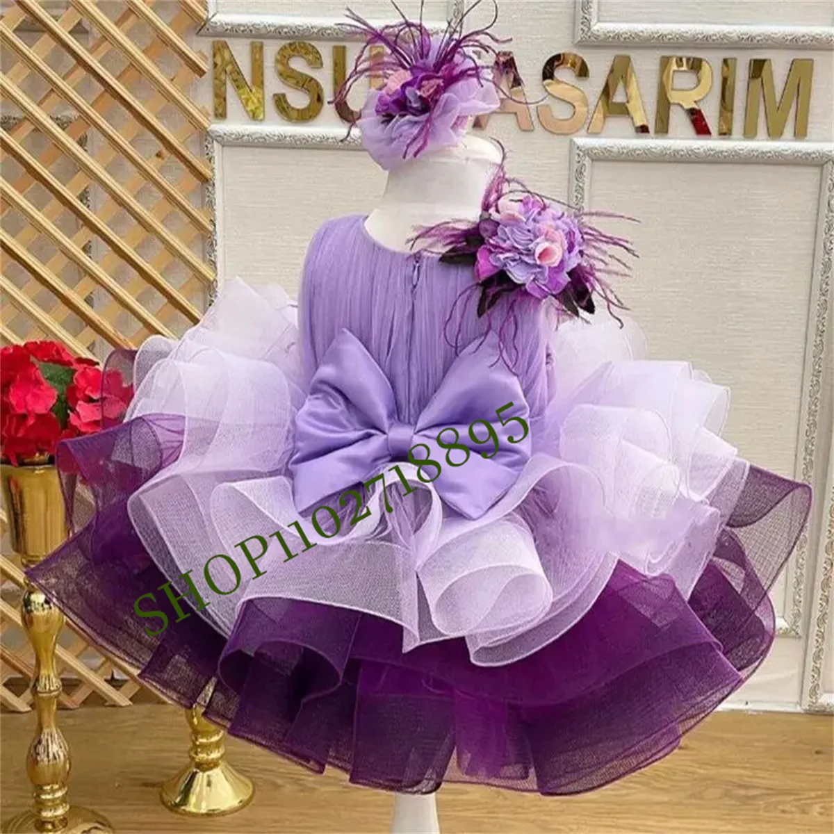 Vestido de princesa para niña pequeña, vestidos de flores hinchados con capas, lazo de primera comunión