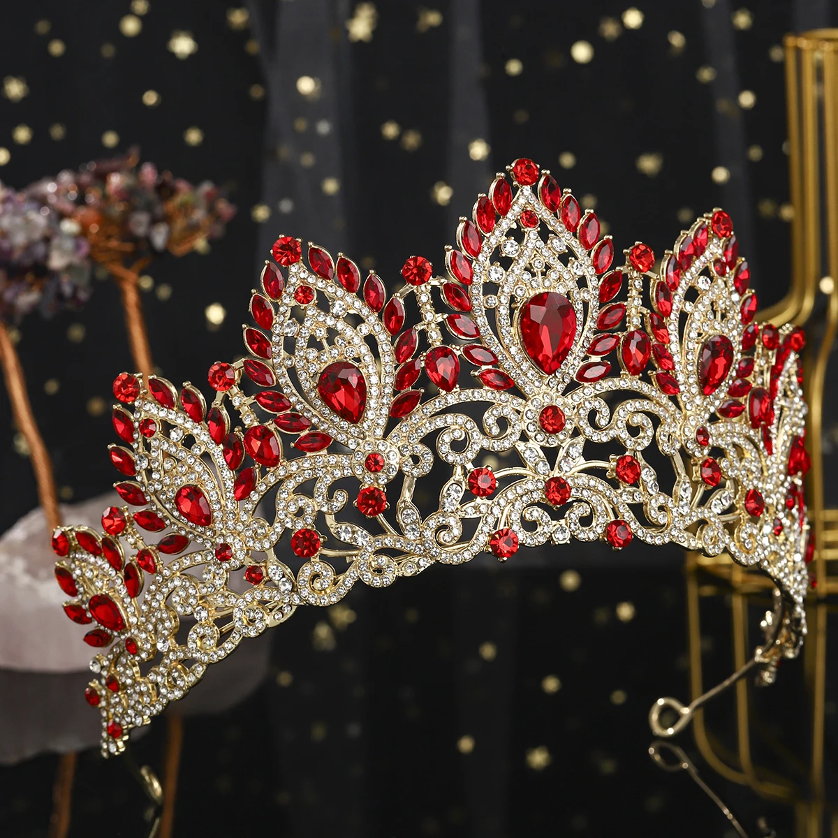 تاج الزفاف الأحمر الفاخر الغلاف الجوي الباروك حجر الراين الملكة تيارا إكسسوارات الشعر مأدبة فتاة خوذة التاج