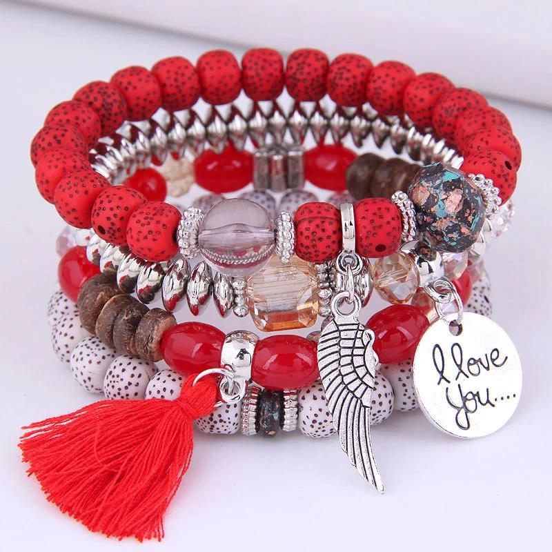 Bohemian Beads Charm Bracelets & Bangles for Women Fashion Love Feather Tassel Bracelet Multilayer Bracelet Femme 2024New