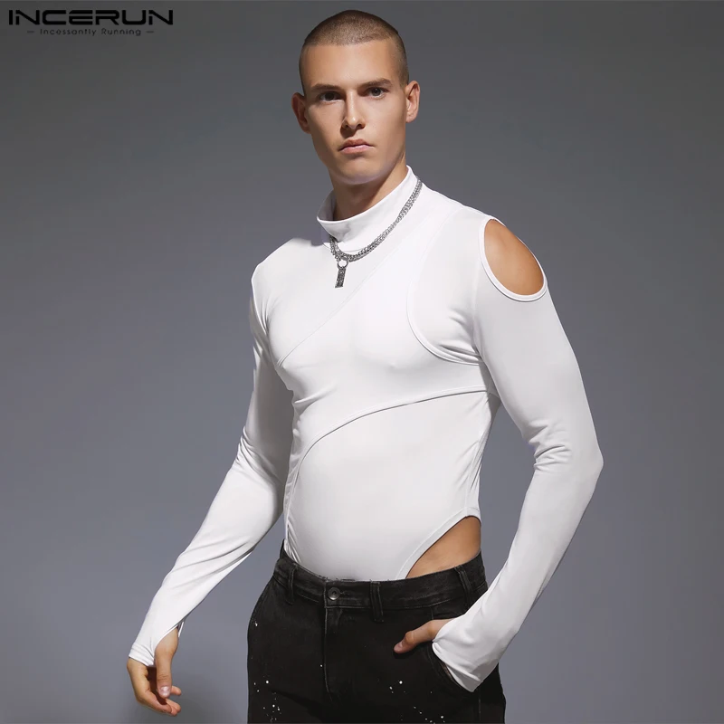 2023 Men Bodysuits Solid Hollow Out Sexy Turtleneck Long Sleeve Male Rompers Streetwear Fashion Irregular Bodysuit INCERUN S-3XL